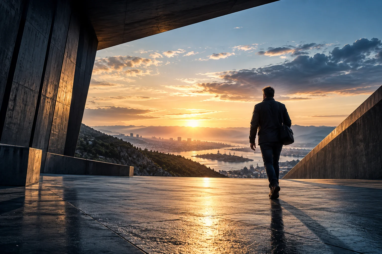 A person strides out of the shadows toward an open, sunlit horizon.